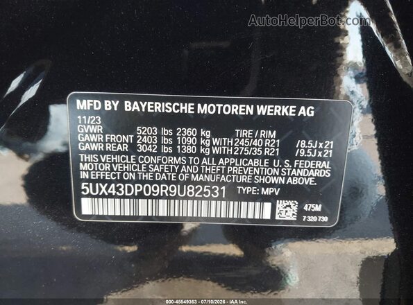 5UX43DP09R9U82531 2024 BMW X3 Black Շարժիչի բաժամունքի տեսք