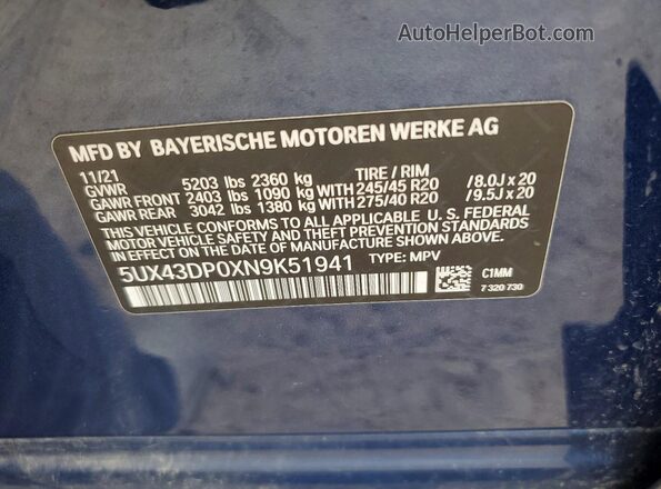 5UX43DP0XN9K51941 2022 BMW X3 Blue Вид наклейки з VIN-кодом