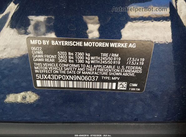 5UX43DP0XN9N06037 2022 BMW X3 Синий Вид подкапотного пространства