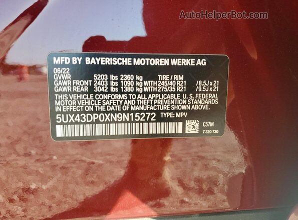 5UX43DP0XN9N15272 2022 BMW X3 Красный Вид наклейки с VIN-кодом