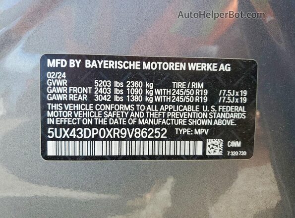 5UX43DP0XR9V86252 2024 BMW X3 Gray VIN კოდის სტიკერის ხედი