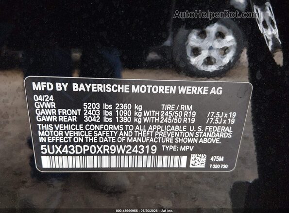 5UX43DP0XR9W24319 2024 BMW X3 Black Вид підкапотного простору