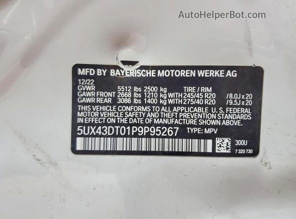 5UX43DT01P9P95267 2023 BMW X4 Green VIN კოდის სტიკერის ხედი