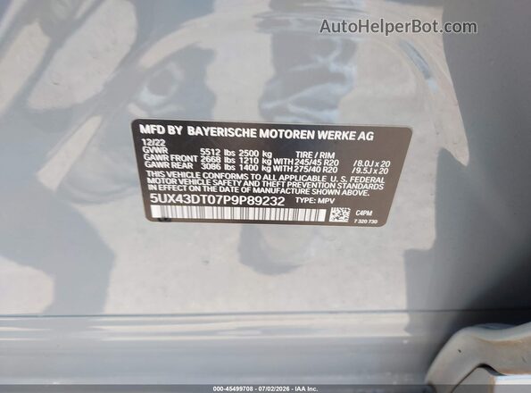 5UX43DT07P9P89232 2023 BMW X4 Серый Вид подкапотного пространства