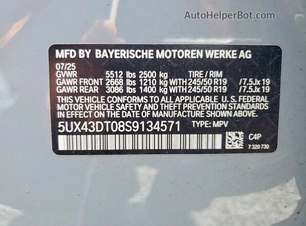 5UX43DT08S9134571 2025 BMW X4 Gray VIN կոդի պիտակի տեսք