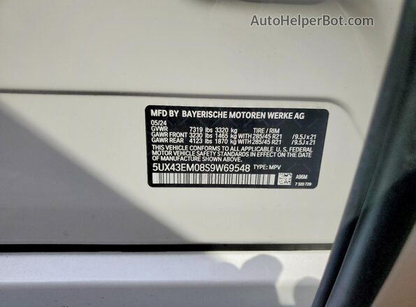 5UX43EM08S9W69548 2025 BMW X7 White Вид наклейки з VIN-кодом