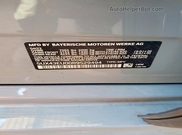 5UX43EU00R9S29494 2024 BMW X5 Gray Вид наклейки з VIN-кодом