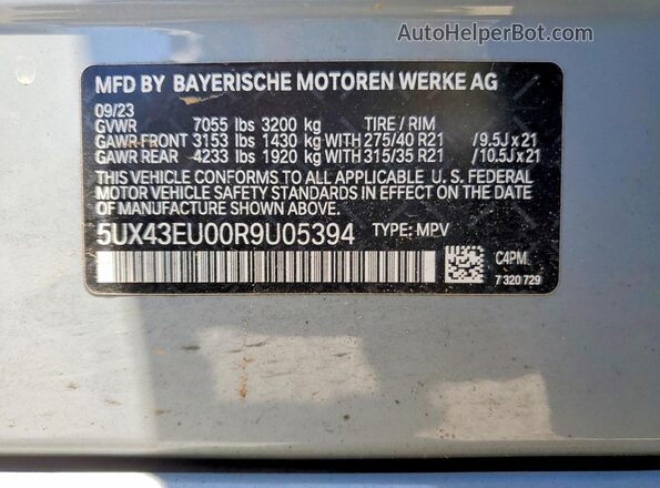 5UX43EU00R9U05394 2024 BMW X5 Gray VIN sticker view