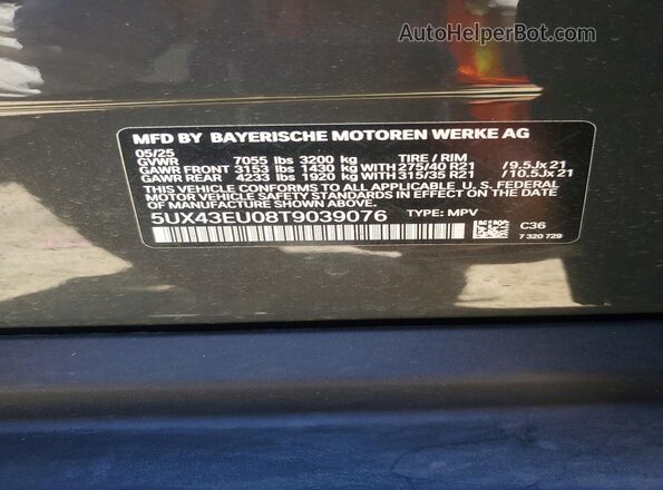 5UX43EU08T9039076 2026 BMW X5 Charcoal VIN կոդի պիտակի տեսք