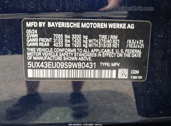 5UX43EU09S9W80431 2025 BMW X5 Blue Widok komory silnika