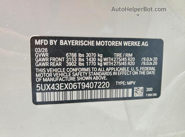 5UX43EX06T9407220 2026 BMW X6 White Widok naklejki z numerem VIN