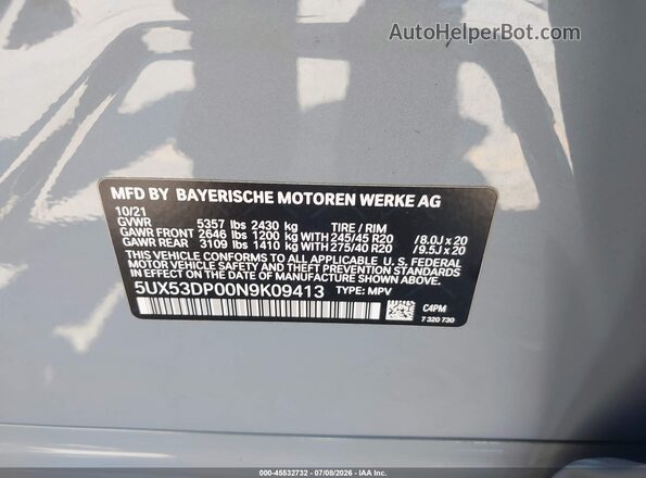 5UX53DP00N9K09413 2022 BMW X3 Gray Widok komory silnika