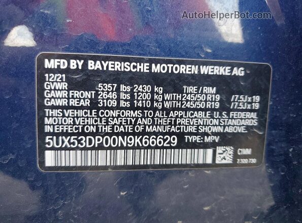 5UX53DP00N9K66629 2022 BMW X3 Blue Widok naklejki z numerem VIN