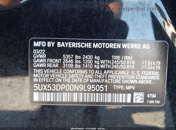 5UX53DP00N9L95051 2022 BMW X3 Black Engine compartment view
