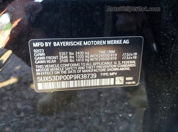 5UX53DP00P9R38739 2023 BMW X3 Black VIN sticker view