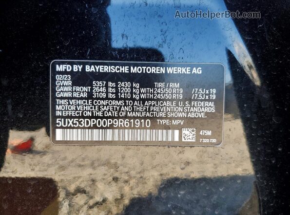 5UX53DP00P9R61910 2023 BMW X3 Black VIN კოდის სტიკერის ხედი