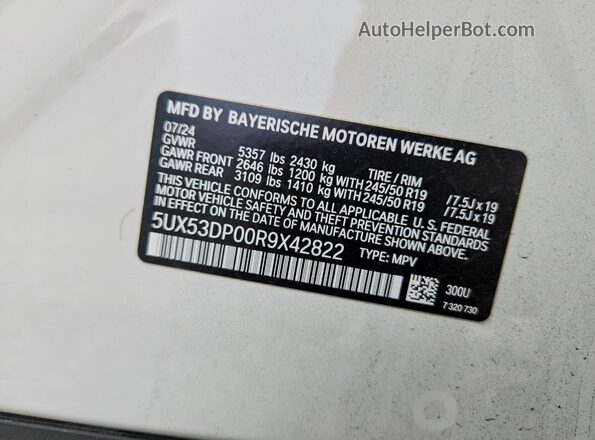 5UX53DP00R9X42822 2024 BMW X3 White Շարժիչի բաժամունքի տեսք