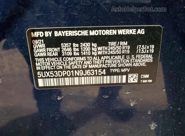 5UX53DP01N9J63154 2022 BMW X3 Blue VIN կոդի պիտակի տեսք