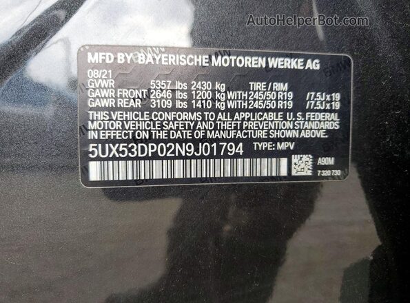 5UX53DP02N9J01794 2022 BMW X3 Charcoal Vista de la etiqueta del VIN