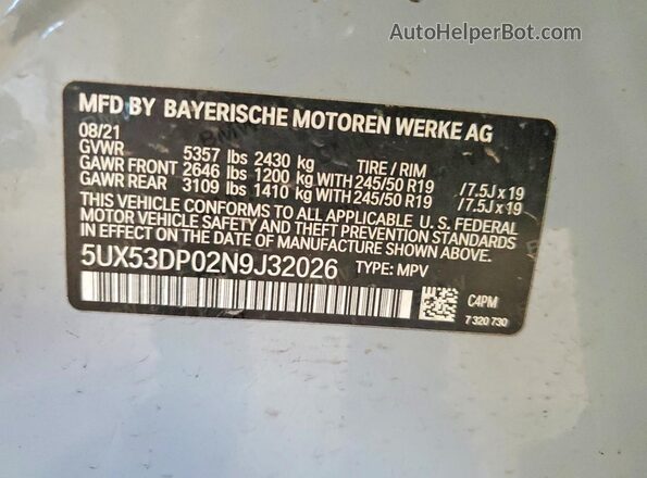 5UX53DP02N9J32026 2022 BMW X3 Gray VIN კოდის სტიკერის ხედი