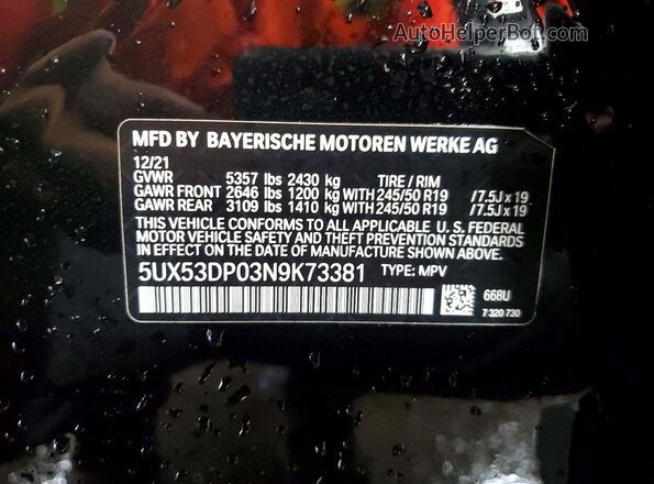 5UX53DP03N9K73381 2022 BMW X3 Black Вид наклейки з VIN-кодом