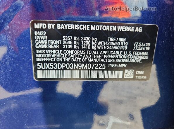 5UX53DP03N9M07225 2022 BMW X3 Blue VIN კოდის სტიკერის ხედი