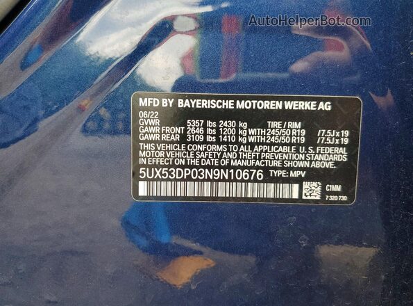 5UX53DP03N9N10676 2022 BMW X3 Blue VIN կոդի պիտակի տեսք