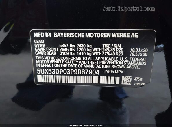 5UX53DP03P9R87904 2023 BMW X3 Black ძრავის განყოფილების ხედი