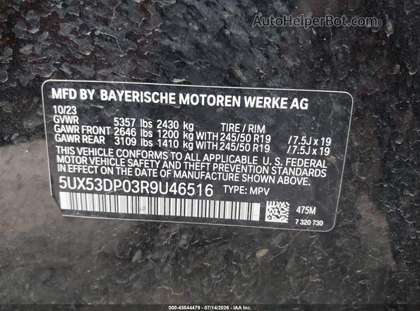 5UX53DP03R9U46516 2024 BMW X3 Black ძრავის განყოფილების ხედი