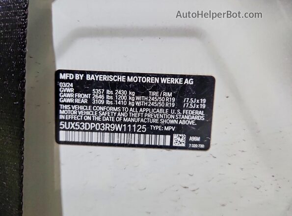 5UX53DP03R9W11125 2024 BMW X3 White სალონის 360-გრადუსიანი ხედი