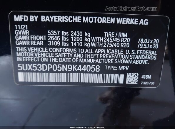 5UX53DP05N9K44058 2022 BMW X3 Blue Շարժիչի բաժամունքի տեսք