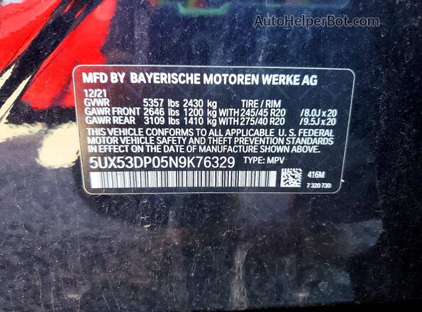 5UX53DP05N9K76329 2022 BMW X3 Black Вид наклейки з VIN-кодом