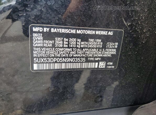 5UX53DP05N9N03535 2022 BMW X3 Black Вид наклейки з VIN-кодом