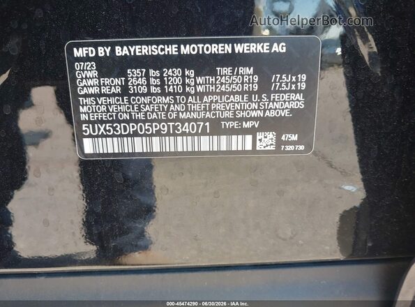 5UX53DP05P9T34071 2023 BMW X3 Black Engine compartment view