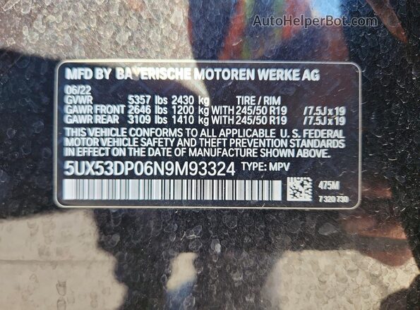 5UX53DP06N9M93324 2022 BMW X3 Black Սալոնի 360 աստիճան տեսք