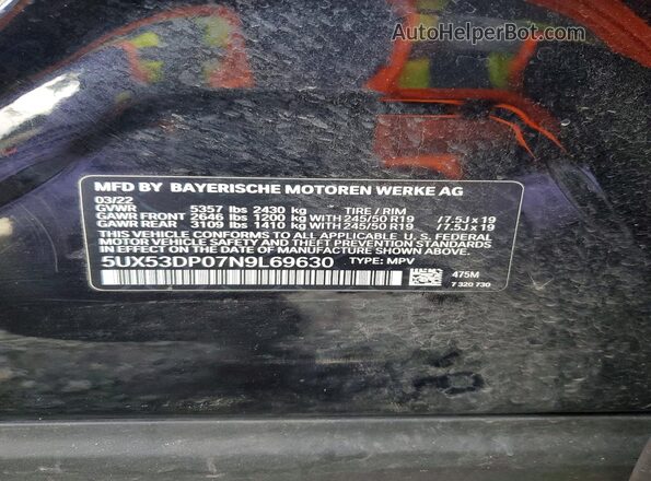 5UX53DP07N9L69630 2022 BMW X3 Black Widok naklejki z numerem VIN