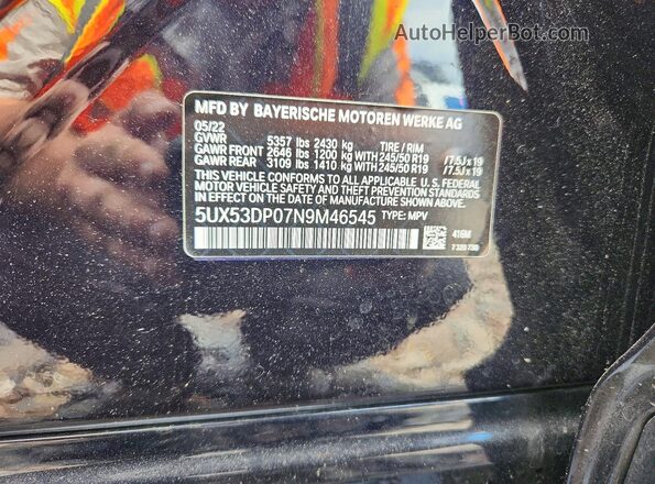 5UX53DP07N9M46545 2022 BMW X3 Black VIN կոդի պիտակի տեսք