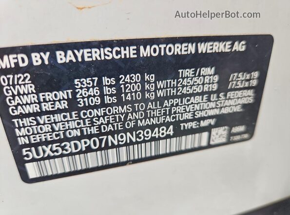 5UX53DP07N9N39484 2022 BMW X3 White VIN კოდის სტიკერის ხედი