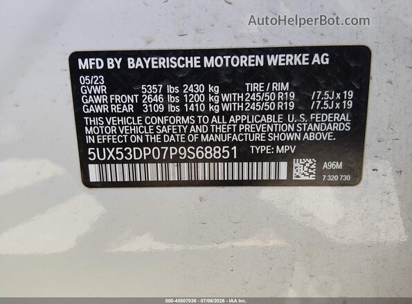 5UX53DP07P9S68851 2023 BMW X3 White Engine compartment view