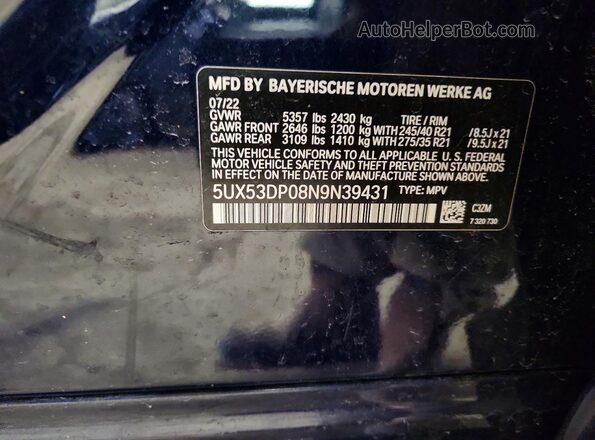 5UX53DP08N9N39431 2022 BMW X3 Blue Widok naklejki z numerem VIN