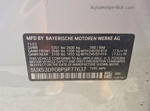 5UX53DP08P9P77637 2023 BMW X3 Белый Вид наклейки с VIN-кодом