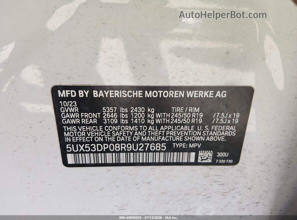 5UX53DP08R9U27685 2024 BMW X3 White Vista del compartimento del motor