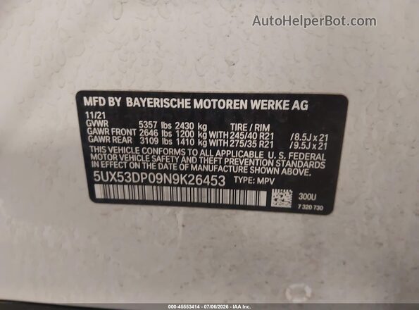 5UX53DP09N9K26453 2022 BMW X3 Beige Շարժիչի բաժամունքի տեսք