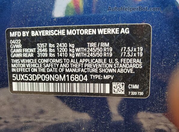 5UX53DP09N9M16804 2022 BMW X3 Blue Vista interior de 360 grados