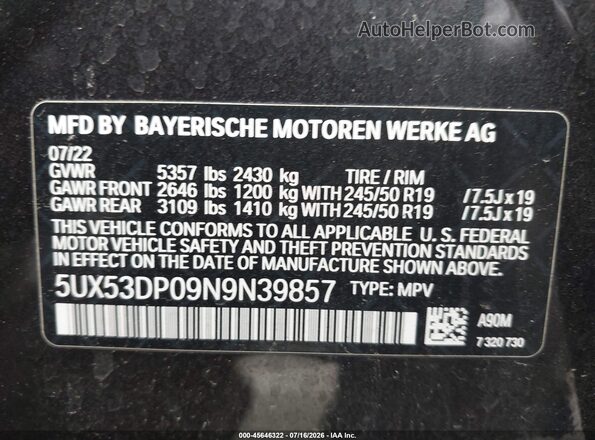 5UX53DP09N9N39857 2022 BMW X3 Black ძრავის განყოფილების ხედი