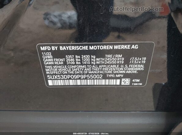 5UX53DP09P9P55002 2023 BMW X3 Black Vista del compartimento del motor