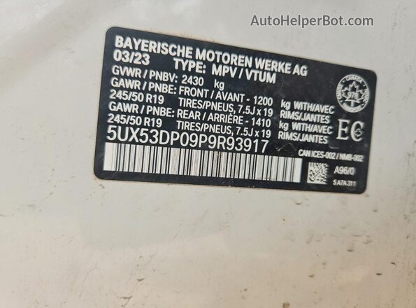 5UX53DP09P9R93917 2023 BMW X3 White სალონის 360-გრადუსიანი ხედი