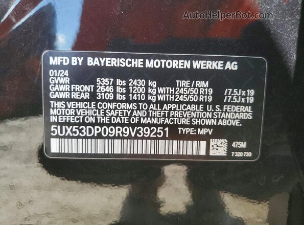 5UX53DP09R9V39251 2024 BMW X3 Black Սալոնի 360 աստիճան տեսք