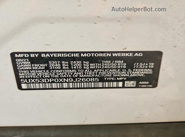 5UX53DP0XN9J26085 2022 BMW X3 White VIN კოდის სტიკერის ხედი