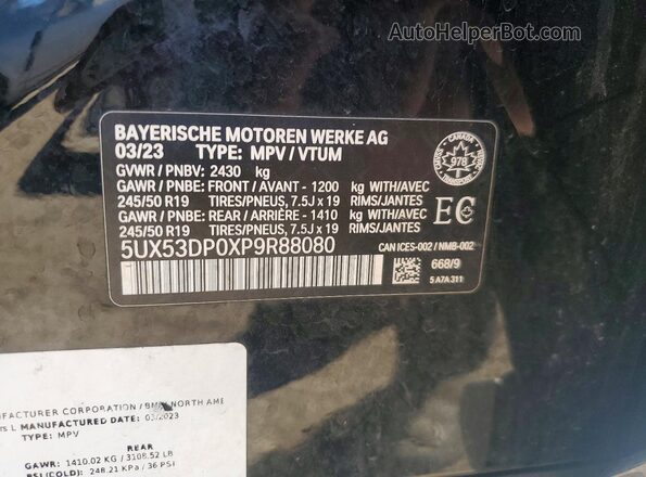 5UX53DP0XP9R88080 2023 BMW X3 Black Вид наклейки з VIN-кодом